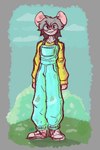 anthro big_ears blush clothing cloud eyewear footwear freckles glasses grass hair male messy_hair overalls plant shirt shoes solo topwear sarcobutter mammal mouse murid murine rodent