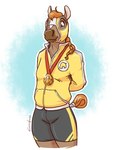 anthro bottomwear breasts clothed clothing female hair horse_tail medal quilt shorts simple_background smile solo sportswear eclipticafusion animal_crossing nintendo victoria_(animal_crossing) equid equine horse mammal 3:4