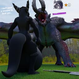 anthro balls big_balls big_penis cock_vore day dialogue duo ear_piercing ear_ring feral genitals huge_penis hyper hyper_genitalia hyper_penis imminent_cock_vore imminent_vore male male/male penile penis piercing ring_piercing roaring size_difference smaller_pred switch_axe teasing text vore weapon vikvillince capcom monster_hunter eclipse_magala villince demi_elder flying_wyvern gore_magala nargacuga 1:1 3d_(artwork) absurd_res digital_media_(artwork) english_text hi_res huge_filesize
