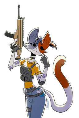 5_fingers anthro assault_rifle bad_trigger_discipline bottomwear bulletproof_vest calico_pattern clothed clothed_anthro clothed_female clothing collar denim denim_bottomwear denim_clothing female female_anthro fingerless_gloves fingers fn_scar fur gloves gun handwear jeans multicolored_body multicolored_fur pants ranged_weapon rifle scar-h shirt simple_background slim slim_anthro slim_female smile solo t-shirt tattoo topwear weapon white_background yellow_clothing yellow_shirt yellow_topwear gatonejo epic_games fortnite cate_meowdy domestic_cat felid feline felis mammal 2025 absurd_res hi_res signature