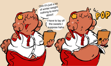 accessory before_and_after belly_pop blush bolo_tie bottomwear breasts clipboard clothing emanata female hair_accessory hairclip hat headgear headwear holding_clipboard holding_object holding_pen navel pen popping shirt simple_background skirt slightly_chubby smile solo speech_bubble topwear weight_gain white_clothing white_shirt white_topwear twigsyy potpourri_baudelaire canid canine canis domestic_dog mammal poodle toy_dog toy_poodle hi_res