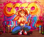 2020 activision anthro areola bandicoot beanie blonde_hair bottomwear breasts clothed clothing coco_bandicoot crash_bandicoot_(series) crouching denim denim_bottomwear denim_clothing digital_media_(artwork) female footwear galacticmichi graffiti green_eyes hair hand_on_face hat headgear headwear holding_object jeans looking_at_viewer mammal marsupial nipple_piercing nipples pants piercing short_hair smile solo spray_can text topless totally_tubular_coco url