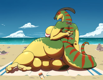 anthro beach bedroom_eyes big_breasts big_butt bikini bone_frill breasts butt clothing cloud female floral_pattern frill_(anatomy) looking_at_viewer narrowed_eyes sea seductive solo stripes sunbathing sunlotion swimwear thick_thighs towel two-piece_swimsuit water arttukorppu dinosaur hadrosaurid ornithischian ornithopod parasaurolophus prehistoric_species reptile scalie hi_res