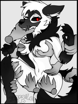 anthro breast_squish breasts disembodied_hand ejaculation featureless_breasts featureless_crotch female group hands-free hands_everywhere solo_focus squish wings jhoneilerld sarah_(jhoneilerld) canid canine canis mammal wolf 3:4 absurd_res hi_res