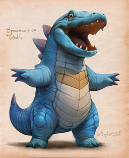 3_toes 4_fingers ambiguous_gender anthro biped blue_body blue_scales countershade_neck countershade_scales countershade_torso countershading dorsal_ridge feet fingers front_view looking_at_viewer open_mouth plantigrade pose pupils red_tongue scales semi-anthro simple_background snout solo tail tan_background tan_body tan_countershading tan_scales text toes tongue tongue_showing twitter_handle yellow_body yellow_eyes yellow_scales christopher_stoll nintendo pokemon generation_2_pokemon pokemon_(species) totodile 2024 digital_drawing_(artwork) digital_media_(artwork) full-length_portrait hi_res portrait species_name