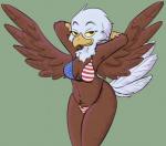 american_flag american_flag_bikini anthro beak bedroom_eyes bikini bikini_thong breasts brown_body brown_feathers cleavage clothed clothing crotch_tuft eyebrows eyelashes feather_tuft feathered_wings feathers female flag flag_bikini flag_clothing flag_print flag_swimwear front_view green_background hands_behind_head looking_at_viewer midriff multicolored_body multicolored_feathers narrowed_eyes navel neck_tuft non-mammal_breasts non-mammal_navel pose print_bikini print_clothing print_swimwear pubes raised_eyebrows scales scuted_arms scutes seductive simple_background skimpy smile smiling_at_viewer smirk smug solo swimwear tail tail_feathers tuft two-piece_swimsuit united_states_of_america white_body white_feathers white_tail_feathers wings yellow_beak yellow_eyes visiti healthcare_eagle accipitrid accipitriform avian bald_eagle bird eagle sea_eagle digital_media_(artwork) pinup portrait three-quarter_portrait