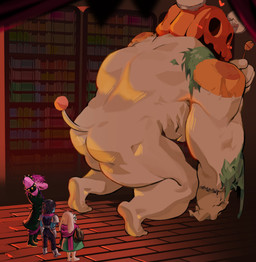 anthro blush bookshelf butt eyewear for_a_head furniture glasses group purple_body scarf size_difference standing partisticday deltarune undertale_(series) jackenstein kris_dreemurr ralsei susie_(deltarune) bovid caprine darkner goat human mammal object_head scalie 2025 absurd_res hi_res