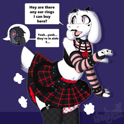 4_fingers alternative_fashion ambiguous_gender anthro arm_warmers armwear barbell_piercing belt big_diaper black_belt black_claws black_clothing black_crop_top black_horn black_lipstick black_shirt black_topwear bottomwear bracelet chain_necklace claws clean_diaper clothed clothing cloud_emanata collar crop_top cutaway dialogue diaper diaper_fetish diaper_puff diaper_under_clothing diaper_under_skirt duo ellipsis emanata expression_cutaway eyebrow_piercing facial_piercing finger_claws fingers footwear fur goth head_horn heart_symbol horn jewelry leaning leaning_forward legwear lipstick looking_back makeup mascara necklace occult_symbol offscreen_character open_mouth pattern_arm_warmers pattern_armwear pattern_bottomwear pattern_clothing pattern_skirt pentacle pentacle_necklace piercing plaid plaid_bottomwear plaid_clothing plaid_skirt shirt simple_background skirt socks speech_bubble spiked_bracelet spiked_collar spikes standing striped_arm_warmers striped_armwear striped_clothing stripes symbol tail text thigh_highs thigh_socks topwear wearing_diaper white_body white_fur white_tail shadyadi deltarune undertale_(series) axel_(shadyadi) ralsei avian bird bovid caprine darkner goat mammal 1:1 2024 artist_name english_text hi_res portrait signature three-quarter_portrait male_(lore)
