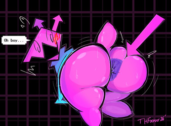 ambiguous_gender anthro anus big_butt blue_cloak blue_clothing blush blush_lines butt cloak cloak_only clothing dialogue featureless_feet feet looking_back pattern_background pink_body purple_anus rear_view simple_background solo speech_bubble spiral spiral_eyes spread_butt spreading text thick_thighs wide_hips thfooxxir deltarune undertale_(series) computer_virus_(species) darkner virovirokun english_text hi_res