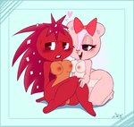 blue_body blue_fur blush breasts duo female female/female fur nipples nude pink_body pink_fur pink_nose red_body red_fur ribbons smile j.fbelen happy_tree_friends flaky_(htf) giggles_(htf) mammal porcupine rodent sciurid tree_squirrel hi_res