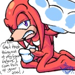 anthro balls barefoot biped clothing dialogue erection feet genitals gloves handwear humanoid_genitalia humanoid_penis kneeling male open_mouth penis purple_eyes simple_background solo tail text amuzoreh sega sonic_the_hedgehog_(series) knuckles_the_echidna echidna mammal monotreme 1:1 english_text