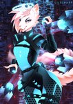 anthro black_clothing blue_clothing blue_eyes bodysuit claws clothing cyberpunk drone female fur glowing halo machine neon ribbons scar skinsuit smile solo spacesuit spikes tape tight_clothing tongue tongue_out white_body white_fur liloli_(artist) felid feline mammal robot hi_res neon_colors