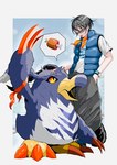 anthro beak black_body black_fur blue_body blue_feathers claws clothing digivice duo eyewear feathers fur glasses hand_in_pocket hungry male orange_eyes pockets topwear vest sutunununu bandai_namco digimon digimon_(species) human mammal penguinmon hi_res