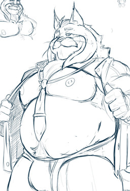 anthro beard clock clothing facial_hair looking_at_viewer male mature_anthro mature_male necktie nipples overweight pubes solo underwear undressing tanpa_(artist) disney zootopia milton_lynxley canada_lynx felid feline lynx mammal hi_res