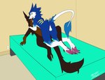 anthro anus bed duo feet furniture genitals male male/male tail foxtrotarts jasper_(character) vice_(character) sergal