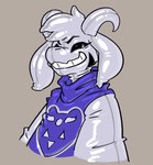 2020 ambiguous_gender anthro asriel_dreemurr_(god_form) banderi biped black_sclera boss_monster_(undertale) bovid caprine clothed clothing costume delta_rune_(emblem) digital_drawing_(artwork) digital_media_(artwork) english_text glistening goat grey_background horn latex long_ears looking_at_viewer mammal markings painted-on_face painted-on_mouth permagrin simple_background solo symbol text undertale undertale_(series) white_body