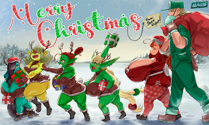 big_breasts breasts christmas_clothing cleavage clothed clothing female green_body group holidays huge_breasts humanoid_pointy_ears hyper hyper_breasts long_ears male medium_breasts nipple_outline pointy_ears short_stack side_boob thick_thighs wide_hips magsama christmas goblin human humanoid mammal 5:3 hi_res