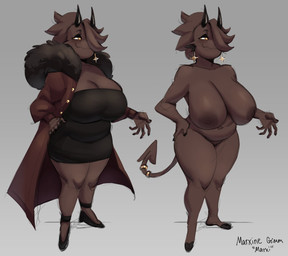 2_horns 5_fingers accessory areola black_clothing black_dress black_eyeshadow black_horn blush breasts brown_areola brown_body brown_hair brown_nipples cleavage clothed clothing coat dress ear_piercing eyeshadow female female_humanoid fingers footwear furgonomics hair hair_over_eye hand_on_hip head_horn horn jewelry makeup mouth_closed nipples nude nude_female nude_humanoid piercing pupils ring shoes simple_background slightly_chubby slightly_chubby_female slightly_chubby_humanoid smile solo spade_tail tail tail_accessory tail_jewelry tail_ring tear_trough text thick_thighs topwear white_pupils rekkadraws marxi_(rekkadraws) demon demon_humanoid horned_humanoid humanoid tailed_humanoid 2026 digital_drawing_(artwork) digital_media_(artwork) full-length_portrait hi_res model_sheet portrait
