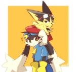 anthro clothed clothing duo eyewear fur goggles hat headgear headwear male simple_background young yamatoooooo bandai_namco klonoa_(series) guntz klonoa canid canine canis domestic_cat felid feline felis mammal wolf