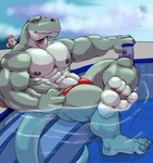 abs anthro big_muscles clothing duo huge_muscles looking_at_viewer male muscular muscular_anthro muscular_male navel nipples outside partially_submerged pecs poolside sitting solo_focus speedo swimwear water waffle_(artist) dinosaur mammal murid murine prehistoric_species rat reptile rodent scalie 2021 hi_res