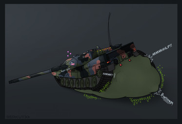 ambiguous_gender anus belly belly_on_ground big_belly black_border blush bodily_fluids border camo cross green_body heart_symbol huge_belly iron_cross machine not_furry object_pred open_mouth rear_view rumbling_stomach saliva simple_background smile solo tank_(vehicle) teeth text tongue tongue_out unwilling_prey vehicle vore berkutmakesart leopard_2 dire_machine dire_tank dire_vehicle living_machine living_tank living_vehicle 2024 artist_name hi_res female_(lore)