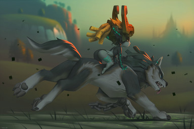 ambiguous_gender blue_eyes butt claws detailed_background digitigrade dreadlocks duo female feral fur grey_body grey_fur hair pawpads quadruped riding running sharp_teeth tail teeth tongue miles_df nintendo the_legend_of_zelda twilight_princess link_(wolf_form) midna canid canine canis humanoid imp mammal twili wolf 2019