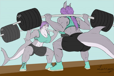 abs amber_eyes anthro back_muscles barbell big_breasts big_butt biped bottomwear bra breasts butt cleavage clothed clothing converse_shoes crop_top crouching deadlift ear_piercing ear_ring exercise exercise_clothing female fin footwear grey_body grey_skin grin grinning_at_viewer gym hair holding_barbell holding_object holding_weights inside long_hair looking_at_mirror looking_at_object mirror muscular muscular_anthro muscular_arms muscular_female muscular_thighs piercing ponytail purple_hair rear_view ring_piercing shark_tail sharp_teeth shirt shoes shorts smile smiling_at_viewer smug solo spandex spandex_shorts sports_bra tail tail_fin teeth thick_thighs tight_bottomwear tight_clothing tight_shorts topwear underwear weightlifting weights workout larroqe amythyst_(yeenpower) fish great_white_shark mackerel_shark marine shark white_shark 2022 signature
