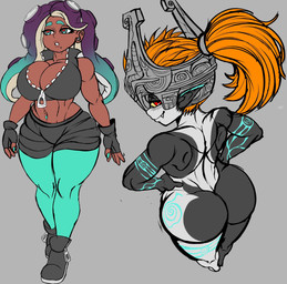 armor big_breasts big_butt breasts butt duo female headgear helmet huge_breasts looking_at_viewer looking_back mostly_nude smile kwalker1009 nintendo splatoon the_legend_of_zelda twilight_princess marina_(splatoon) midna cephalopod imp marine mollusk octarian octoling crossover hi_res