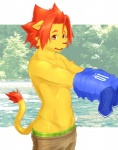 adolescent amber_eyes anthro bodily_fluids bottomwear bottomwear_down clothed clothing low-riding male open_mouth pants pants_down partially_clothed sagging sagging_pants solo surprise sweat underwear undressing young nama morenatsu soutarou_(morenatsu) felid lion mammal pantherine 2013