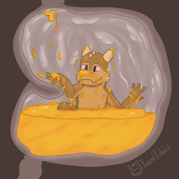 anthro belly embarrassed food guts honey_(food) internal male messy organs pooling solo sticky vore karamelkobold karamel_kobold kobold scalie 1:1