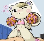 anal anal_penetration animal_crossing anonymous_artist anthro anthro_penetrated anus balls black_eyes blonde_hair blush bodily_fluids bottomless cheerleader cheerleader_outfit clothed clothing cowgirl_position crossdressing curled_tail duo erection femboy from_front_position fur genital_fluids genitals hair heart_symbol human human_on_anthro human_penetrating human_penetrating_anthro humanoid_genitalia humanoid_penis inside interspecies light locker looking_at_viewer male male/male male_penetrated male_penetrating male_penetrating_male mammal marshal_(animal_crossing) motion_lines nintendo nude on_bottom on_top one_eye_closed penetration penile penile_penetration penis penis_in_ass pink_clothing pom_poms precum precum_string rodent sciurid sex short_ears simple_background small_penis smile tail tree_squirrel white_body white_fur wink