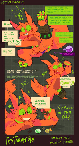 abstract_background anal anal_fingering anal_masturbation animal_genitalia anthro balls clothing dialogue eyewear fingering fingering_self fur fuzzy genitals glasses green_markings green_pawpads green_penis laugh legwear legwear_only lipsticking lube lying male markings masturbation orange_body orange_fur pawpads paws penis presenting raised_leg red_balls red_body red_fur rock sheath smile solo standing text wearing_glasses x-shaped_rock_(rain_world) undessirable rain_world videocult the_tarantula_(undessirable) slugcat english_text hi_res