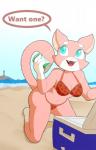 anthro beach bikini blue_eyes breasts cleavage clothed clothing detailed_background eyelashes fangs female fur navel open_mouth outside pink_body pink_fur sand seaside sky solo summer swimwear teeth text two-piece_swimsuit paoguu super_planet_dolan shima_luan domestic_cat felid feline felis mammal 2017 9:14 digital_media_(artwork) hi_res