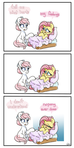 bed blue_eyes clothing dialogue duo female furniture hair headgear headwear nurse_clothing nurse_headwear open_mouth pillow pink_hair sad text white_body yellow_body louvely friendship_is_magic hasbro my_little_pony fluttershy_(mlp) nurse_redheart_(mlp) equid equine horse mammal pony absurd_res comic english_text hi_res