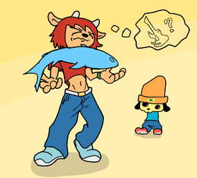 anthro beanie belt bottomwear brown_body clothing electric_guitar female flinching footwear guitar hair hat headgear headwear holding_object horn male midriff musical_instrument nervous panicking pants plucked_string_instrument red_hair shirt shoes short_horn small_horn string_instrument t-shirt thought_bubble toony topwear hieronymusjohnson parappa_the_rapper sony_corporation sony_interactive_entertainment um_jammer_lammy lammy_lamb parappa aquatic bovid canid canine caprine fish mammal sheep aliasing animated binary_drawing digital_drawing_(artwork) digital_media_(artwork)