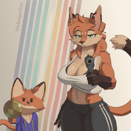 4_ears 4_fingers anthro arm_tuft bare_shoulders belly big_breasts big_ears big_head bottomwear bra breasts cheek_tuft chest_tuft claws clothed clothed_anthro clothing crop_top devious_grin duo ear_piercing eyebrows facial_tuft female finger_claws finger_on_the_trigger fingers fur gesture green_eyes gun hair half-closed_eyes hand_gesture holding_object holding_weapon hoodie long_hair long_tail looking_at_viewer male male/female multi_ear multicolored_body multicolored_fur narrowed_eyes orange_body orange_fur orange_hair pants piercing pointing pointing_at_viewer raised_eyebrow raised_eyebrows ranged_weapon rocket_launcher shirt shoulder_tuft simple_background size_difference smaller_male smile smiling_at_viewer sportswear standing tail thick_thighs threatening toony topwear tuft underwear weapon whiskers white_body thekeepofcat canid canine felid feline fox hybrid mammal 1:1 absurd_res hi_res
