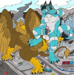 3_toes 4_toes 5_fingers abs anal anthro balls beak blue_eyes brown_body brown_eyes building building_destruction car city city_destruction cityscape claws crush crushed_vehicle destruction duo eating erection feathered_wings feathers feet finger_claws fingers foot_crush foot_fetish foot_play footjob footprint fur genitals hair house landscape_dwarfing macro macro_anthro macro_male male masturbation muscular muscular_anthro muscular_male nude open_mouth outside pawpads pawprint paws penetration penile penile_masturbation penis rail rampage sex sky smile station stomping tail toe_claws toes tongue tongue_out train vehicle vehicle_destruction vehicle_insertion vehicle_penetrated white_body wings teaselbone mythology carpo schism avian dragon gryphon mythological_avian mythological_creature mythological_scalie scalie 2014 alternate_version_at_source colored hi_res