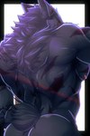 anthro back_muscles black_body black_fur black_tail eye_scar facial_scar fur holding_tail looking_back male muscular muscular_anthro muscular_male nude scar solo tail krogane_kotetsu canid canine canis mammal wolf 2025 colored hi_res