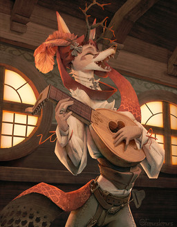 antlers bard clothed clothing detailed_background eyes_closed fully_clothed holding_musical_instrument holding_object horn inside light lute musical_instrument open_mouth open_smile playing_music plucked_string_instrument sharp_teeth smile string_instrument teeth text window femurslemurs canid canine canis deer hybrid jackal mammal 2022 artist_name lighting shaded