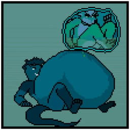 abdominal_bulge anthro anthro_pred anthro_prey belly belly_rub big_belly blue_body blue_eyes blue_fur blue_hair border cutaway duo fur green_background hair hand_on_belly hand_on_own_belly huge_belly inside_stomach internal leg_markings lying male male_pred male_prey markings narrowed_eyes nude_anthro nude_male on_back one_eye_closed oral_vore rubbing_own_belly safe_vore simple_background smile socks_(marking) squirming tail tail_motion teeth vore white_border stormyrange bluep mammal mustelid otter 1:1 2d_animation animated digital_media_(artwork) loop low_res pixel_(artwork) pixel_animation