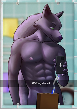 abs anthro bathroom brush electronics fur green_eyes male male_anthro mirror muscular nipple_piercing nipples phone piercing purple_body purple_fur slim solo text toothbrush hamapup kael_(hamapup) canid canine canis domestic_dog mammal wolf digital_media_(artwork) english_text hi_res