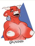 anthro big_breasts breasts ear_piercing ear_ring female fur hands_behind_back horn laugh nipples piercing red_body red_fur ring_piercing smile solo white_nipples unonyx bel_group the_laughing_cow bovid bovine cattle mammal 3:4 absurd_res half-length_portrait hi_res portrait