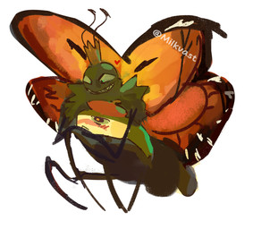 :< ambiguous/ambiguous ambiguous_gender antennae_(anatomy) black_antennae blush canon_x_oc carrying_another clothing crown duo eyespots feral flying green_eyes green_sclera grin hat headgear headwear insect_wings lepidopteran_wings lifting_another looking_at_another markings multicolored_wings orange_wings red_clothing red_hat red_headwear ruff simple_background smile teeth text toothy_grin white_background wings milkvast disney hoppers_(disney) pixar fan_character titus_(hoppers) aquatic arthropod butterfly fish insect lepidopteran monarch_butterfly alternate_version_at_source artist_name digital_media_(artwork) digital_painting_(artwork) hi_res painting_(artwork) watermark