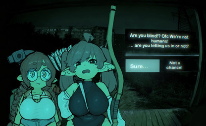 arrow_(weapon) big_breasts bottomwear bow_(weapon) braided_hair braided_pigtails breasts cleavage clothed clothing duo eyewear female glasses hair hammer huge_breasts humanoid_pointy_ears leotard melee_weapon pigtails pointy_ears ranged_weapon shirt short_stack shorts tank_top tools topwear weapon wide_hips okgaki no_i'm_not_a_human ophelia_(okgaki) goblin humanoid hi_res