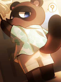 aloha_shirt anthro blue_eyes bottomwear brown_body brown_fur chibi cleaning clothing fur pattern_clothing pattern_shirt pattern_topwear question_mark shirt shorts slightly_chubby solo topwear imotaco animal_crossing nintendo tom_nook_(animal_crossing) canid canine mammal raccoon_dog tanuki 2020 hi_res