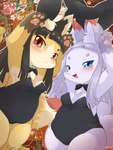 :< abstract_background anthro black_hair blue_eyes bow_(feature) bow_in_front bow_tie breasts bunny_costume bunny_ears_(gesture) cleavage clothed clothing costume duo fake_ears fake_rabbit_ears female fur gesture hair hime_cut holidays kemono leotard long_hair mehajiki paws playboy_bunny red_eyes shirt_collar short_stack slightly_chubby small_breasts smile white_body white_fur white_hair wide_hips yellow_body yellow_fur ukan_muri new_year new_year_2023 sakame_(ukan_muri) tsune-hime canid canine fox mammal 2023 alternate_version_at_source hi_res