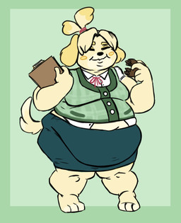 anthro barefoot belly belly_overhang belly_peeking_out big_belly big_cheeks blonde_hair breasts cardigan chubby_cheeks clipboard clothing collared_shirt dessert double_chin doughnut dress_shirt eating eating_food eyes_closed feet female food green_background hair hair_bun happy holding_clipboard holding_doughnut holding_food holding_object medium_breasts natural_breasts navel obese obese_anthro obese_female overweight overweight_anthro overweight_female pastry shirt simple_background smile solo tail topwear yellow_body sneetsnirt animal_crossing nintendo isabelle_(animal_crossing) canid canine canis domestic_dog mammal shih_tzu toy_dog 2018 digital_drawing_(artwork) digital_media_(artwork) full-length_portrait hi_res portrait
