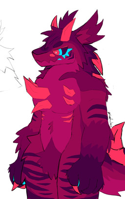 4_fingers ambiguous_gender anthro blue_body blue_eyes blue_fur blue_pawpads claws crotch_tuft crystal crystal_horn fingers fur horn multicolored_body multicolored_fur pawpads pseudo_horn purple_body purple_fur purple_sclera purple_stripes red_body red_claws red_crystal red_eyes red_fur red_horn red_stripes simple_background solo stripes tuft white_background privafuchsia kaiju_paradise felid feline gootraxian hybrid lizard mammal manic_(kaiju_paradise) reptile scalie 2025 digital_drawing_(artwork) digital_media_(artwork) hi_res