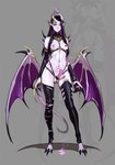 black_hair bodily_fluids breasts choker claws clothed clothing erection genital_fluids gynomorph hair horn intersex jewelry leaking_precum legwear long_hair membrane_(anatomy) membranous_wings mostly_nude necklace nipple_piercing nipples piercing pointy_ears precum purple_body purple_eyes skimpy slaanesh_mark small_breasts solo tail wings tarakanovich warhammer_(franchise) chaos_daemon daemon_of_slaanesh humanoid hi_res