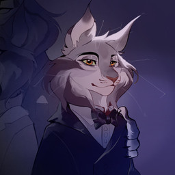 anthro black_tie_(suit) bow_tie clothed clothing duo ear_tuft fur grey_body grey_fur looking_at_viewer male smile solo_focus suit tuft whiskers yellow_eyes osse1n disney zootopia milton_lynxley pawbert_lynxley felid feline lynx mammal 1:1 2025 digital_media_(artwork) hi_res